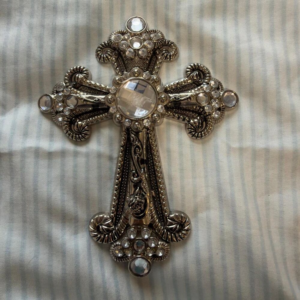 Silver cross with rhinestones and ornate detailing #gothic #religious
